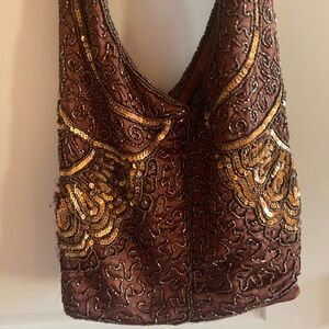 Brown and Gold Beaded Shoulder Bag